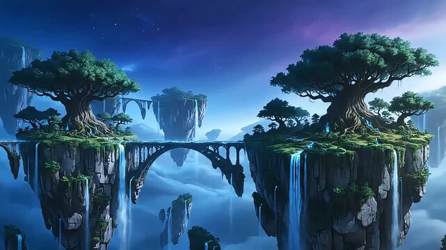 Enchanting floating islands with ancient trees and waterfalls under a mystical twilight sky.