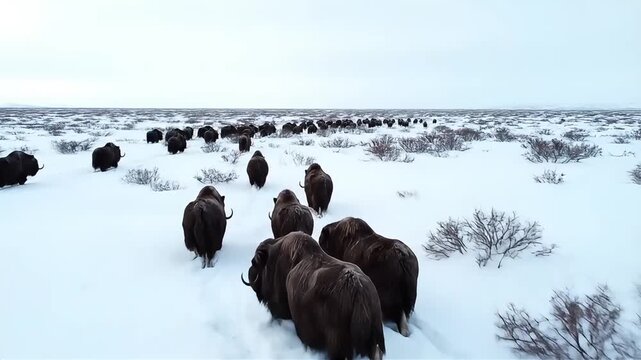 A herd of musk oxen trek across a vast, snow-covered tundra under a cloudy sky.