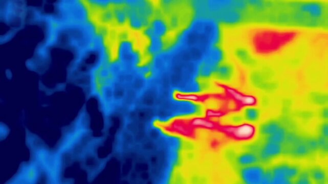 People are walking along a path in the park Image from thermal imager device. Vertical Video
