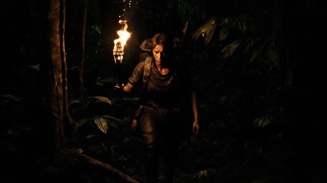 A frightened woman stands illuminated by a mysterious light in a dark forest, captured as a dramatic photograph from a frontal viewpoint, emphasizing tension and eerie atmosphere.
