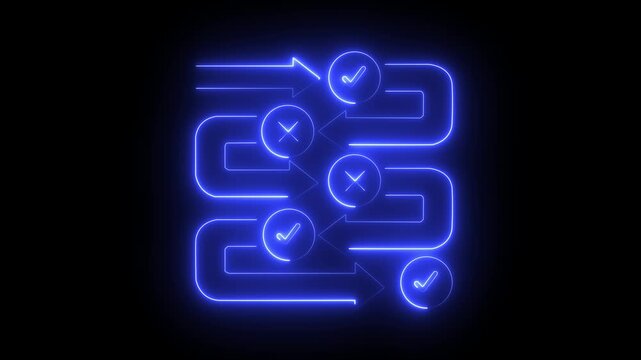 glowing Neon Workflow Process Flow with Check Mark Arrows Icon Business Approval Icon Animation on black background.4k motion video animation.