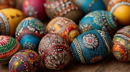 Fototapeta premium Colorful intricately designed easter eggs on wooden table.