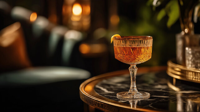 Old fashioned cocktail in elegant glass in Art Deco style, wide banner for bar marketing promotion with copy space