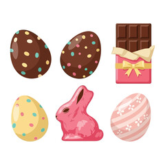 A delightful collection of various easter chocolate eggs, a pink bunny, and a sweet chocolate bar