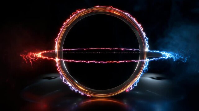 Red and blue energy beams collide inside a metallic ring