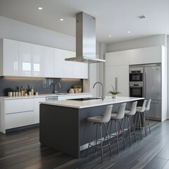 세련된 가전제품과 세련된 아일랜드를 갖춘 현대적인 주방 인테리어