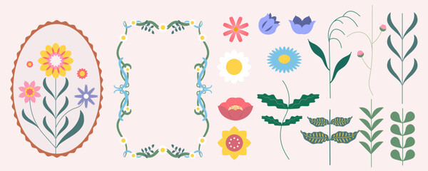 Colorful Flat Floral Vector Set with Decorative Frame and Stylized Flowers