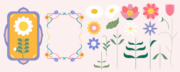 Colorful Flat Floral Vector Set with Decorative Frame and Stylized Flowers
