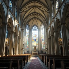 스테인드글라스 창문을 통해 햇빛이 흐르는 평화로운 교회 내부
