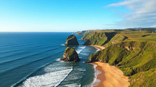 Dramatic ocean waves crash against rugged green cliffs and sandy beach under a clear blue sky.