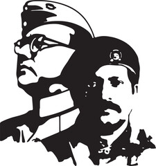 A powerful black and white silhouette tribute to indian freedom fighters subhas chandra bose and bhagat singh. Vector, illustration © DEBASHIS