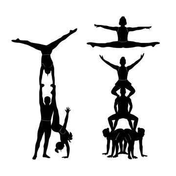 Silhouettes of circus acrobats group vector illustration isolated on white background