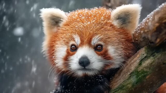Close up of a red panda on a branch in a snowy environment