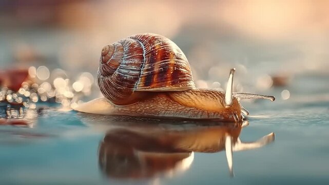 Close up of a snail with a spiral shell crawling on a wet surface