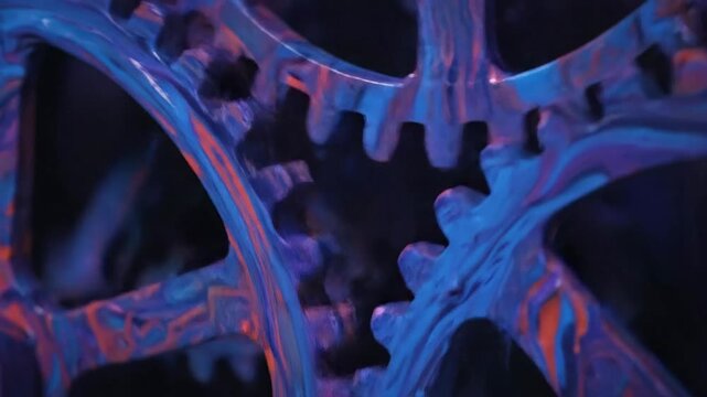 Abstract gears close-up with blue and orange swirling paint patterns, a concept of industry and technology, machinery parts, connection, and movement.