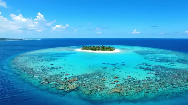 Serene tropical island paradise with crystal clear turquoise waters and vibrant coral reefs.