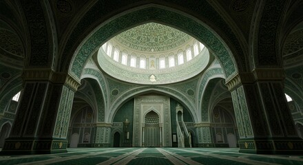 Obraz premium Grand mosque interior with arches, domes, columns, and intricate designs viewed from a central perspective