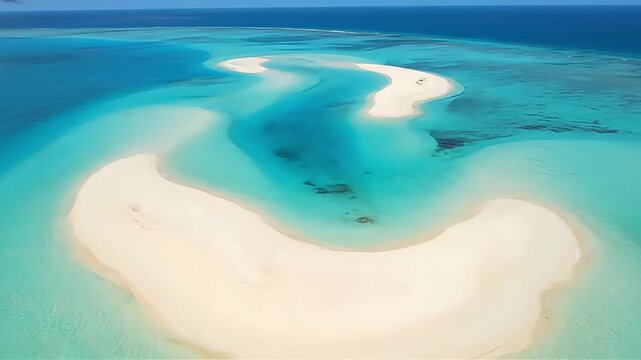 Serene turquoise waters surround a pristine white sandbar, a tranquil tropical paradise from above.