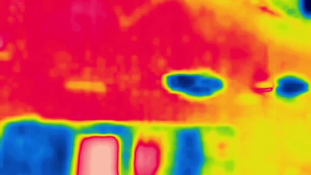 A car on the highway. Traffic on a multi-lane highway, top view. Image from thermal imager device. Vertical Video
