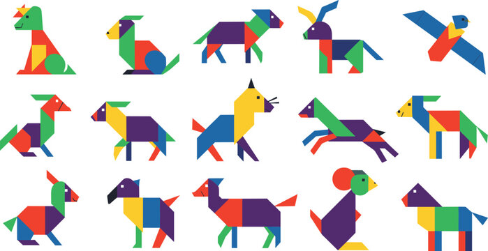 Abstract geometric animal tangram set with colorful triangular shapes featuring cat dog bird rabbit and fox icons for educational logic games