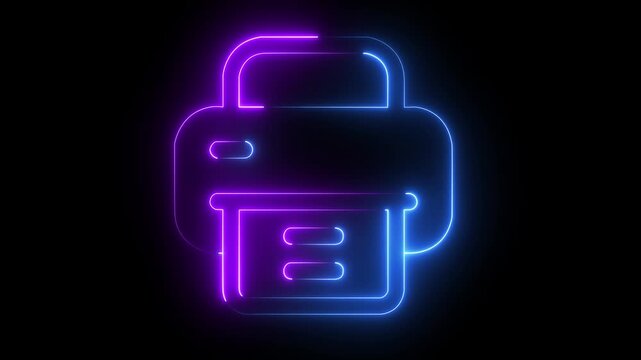 glowing  neon printer icon with a document, representing digital printing and office technology on a black background . suitable for office printing, documents, digital technology concept .