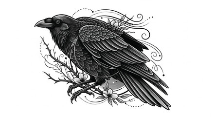 Fototapeta premium Detailed illustration of a majestic black raven perched on a flowering branch with decorative swirls and dots.