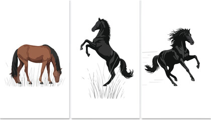 Triptych of horses grazing, rearing, and galloping on minimalist background showcasing strength and motion