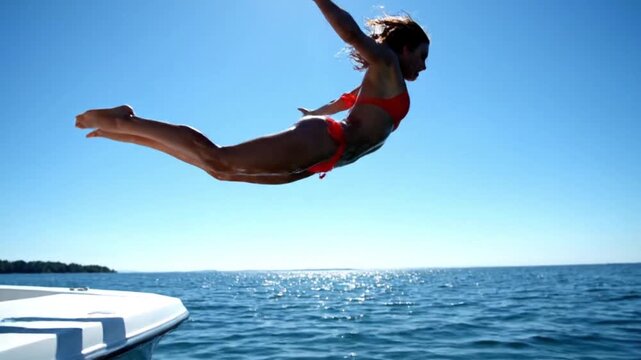 Dynamic photograph of a woman in a red bikini leaping from a white dock into blue water under a bright summer sky, captured from a centered mid‑air viewpoint highlighting freedom and joy