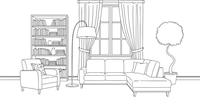 Modern living room interior line art vector illustration with sofa bookshelf armchair window curtains and indoor plant for coloring page
