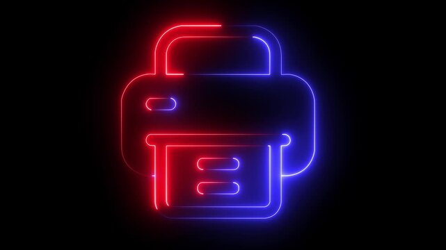 glowing  neon printer icon with a document, representing digital printing and office technology on a black background . suitable for office printing, documents, digital technology concept .