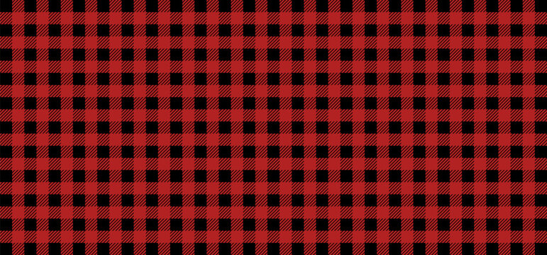 Seamless Buffalo check plaid pattern in red and black. Vector lumberjack tartan ornament for fashion, winter holidays, textile fabric, and rustic home decor background.