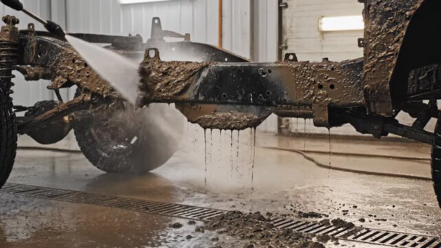 Close-up of a vehicle chassis being pressure washed removing mud and grime from suspension and frame in a brightly lit workshop with water splashing onto a metal grate floor