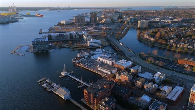 Aerial view of Norfolk Virginia riverside highway with urban buildings and waterfront skyline