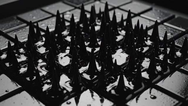 Close Up of Ferromagnetic Fluid Reacting to Magnetic Field Forming Spikes on a Grid Surface with Water Droplets Macro Shot Dramatic Lighting Abstract Science Concept