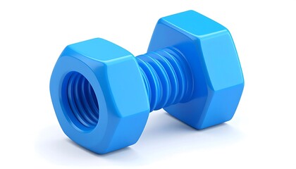 Bright Blue Hexagonal Bolt and Nut Fastener on White Background.