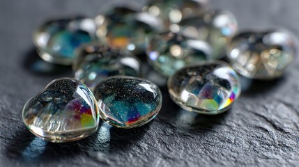 3D render of vibrant glass rainbow hearts scattered across a dark, textured slate background. The hearts reflect soft spectral light onto the surface, creating colorful highlights. A large area 