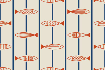 Seamless hand drawn fish pattern in Scandinavian style. Minimalist marine background with simple fish illustrations and vertical stripes. for textiles, wallpaper, kids design © Liubov