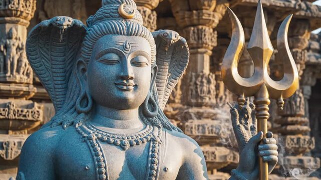 Sculpted deity statue with trident against temple backdrop