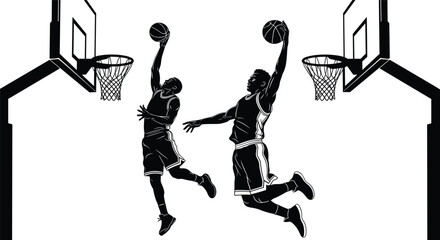 Black and white silhouette vector illustration of two basketball players jumping high to dunk the ball into the hoop during a sports competition game © Monjurul