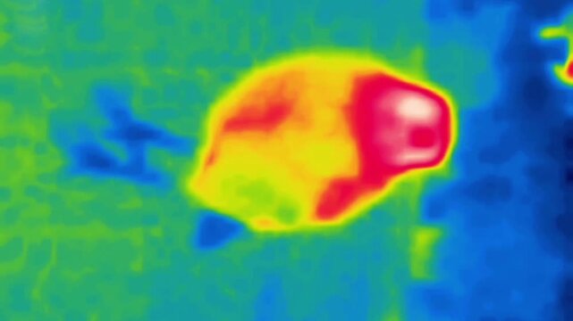 The titmouse turns its head. Image from thermal imager device. Vertical Video