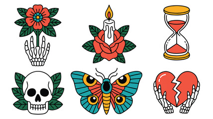 A traditional tattoo-style illustration set of six symbols arranged in two rows (2)_traced