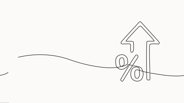Animated self-drawing of continuous line draw increasing up arrows and per cent. Full-length one-line animation, per cent sign. Vector illustration. Linear percent icon.