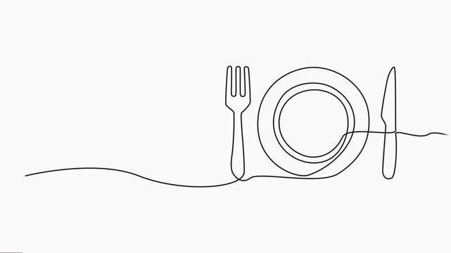 Animated self drawing of continuous line draw of a plate, knife and fork. Full-length one-line animation, single line cutlery pattern for logos, business cards, banners. Restaurant concept