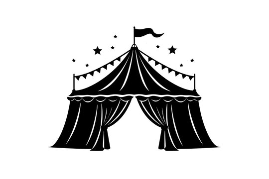Circus tent, vintage carnival big top theater entertainment performance marquee, black silhouette illustration with striped canopy, decorative stars and flag, classic amusement show symbol, festival e