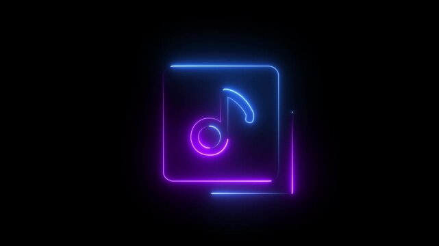 Glowing Neon Music notes and playlist folder icon animation representing, digital audio library and media file management black background .4k motion video animation .