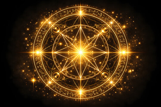 Sacred geometry golden mandala glowing energy circle pattern on dark background, spiritual meditation symbol with radiant light aura cosmic harmony balance esoteric alchemy mystic universe sacred desi