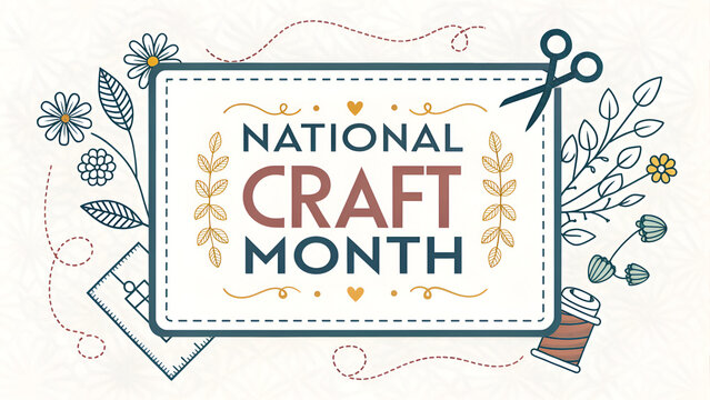 National craft month logo with flowers scissors and sewing supplies on a white background