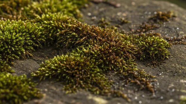 Detailed macro shot of vibrant green and brown moss growing on rough stone texture, suitable for natural background or environmental design.