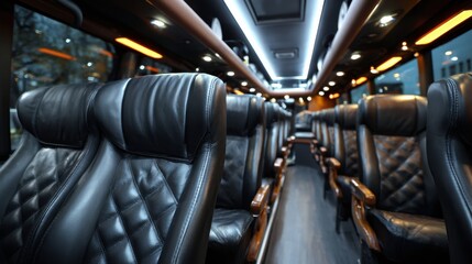 Fototapeta premium Elegant photo of Interior of a luxury tour bus with premium black leather seats and ambient LED lighting .Made Genarative AI