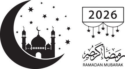 Naklejka premium Ramadan Mubarak crescent moon mosque and year 2026